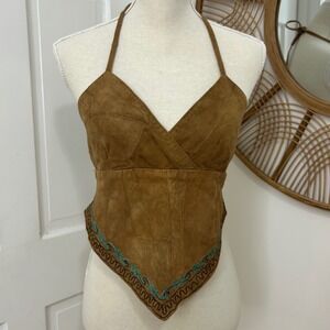 Magazine VTG Patchwork Suede Halter Top Sz M Festival Embroidered Boho Hippie